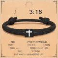 Black woven cross milan rope bracelet for men faith religious christian jewelry gift - Cross Woven Bracelet (Bible Verse 3:16) / Black