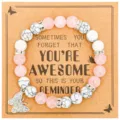 Pink quartz and white cracked stone beaded bracelet with rhinestone butterfly charm on card - White Turquoise & Rose Quartz with AWESOME Card