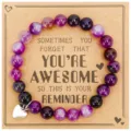 Purple beaded bracelet with heart pendant inspirational message card gift for women and girls - Striped Purple Agate + AWESOME Card