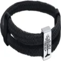 Black braided rope bracelet for men with silver tone tree engraving metal charm casual style - Tree of Life Woven Bracelet (Black) / Black