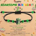 Kids dinosaur braided bracelet with green beads and cute dinosaur pendant gift accessory. - Happy Birthday - 36