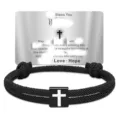 Black woven cord cross bracelet with metal card, perfect men's religious gift item. - Cross Woven Bracelet (Bless You Card) / Black