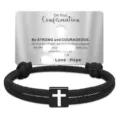 Black braided rope bracelet with cross charm and confirmation message card gift for men. - Cross Woven Bracelet (Strong and Courageous) / Black