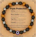Detailed view of triple protection beaded bracelet with obsidian tiger eye and hematite. - Evil Eye Triple Protection Style 22