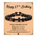 Pulsera de cuentas negras con piedra ojo de tigre y colgante de cruz en tarjeta de cumpleaños. - Estilo 8