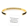 Engraved inspirational quote open cuff stainless steel bracelet detail view, motivational gift. - Black Gold - When