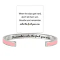 Stainless steel cuff bracelet with pink enamel detail and inspiring engraved quote. - Pink Steel-Remember