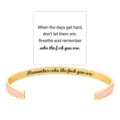 Stainless steel open cuff bracelet with inspirational engraved text and pink enamel design for daily wear - Rose Gold - Remember