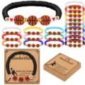 Close-up detail of colorful clay bead bracelets featuring basketball charms and display cards. - 20-Piece Polymer Clay Basketball Card Set