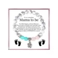 Mama to be bracelet with white turquoise pink crystal and baby feet charm gift card - White Turquoise with Mama Card / White