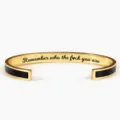 Stainless steel open cuff bracelet with black enamel inlay and engraved motivational quote. - Black Gold Plated Without Card - Remember