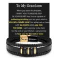 Men multi-layer braided leather bracelet with stainless steel magnetic clasp and gift card. - 19cm / To My Grandson