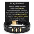 Detailed close-up of men's multi-layer braided leather bracelet with stainless steel clasp. - To My Husband