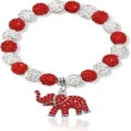 Red and white rhinestone clay bead bracelet with cute elephant charm for stylish daily wear. - Elephant Pendant - 4