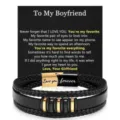 Men multi-layer braided leather bracelet with stainless steel clasp and metal beads detail. - To My Boyfriend