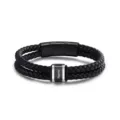 Close-up detail of the custom braided leather bracelet with central metal engraving plate. - 19cm / Black 3-Fold Clasp with 1 Black Link