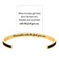 Stainless steel open cuff bracelet with motivational quote engraving and card gift. - Black Gold - Remember