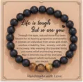 Natural stone beaded bracelet with motivational card, black matte and tiger eye beads detail. - Style 18