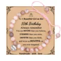 Pink zebra jasper beaded adjustable bracelet with birthday greeting card, handmade jewelry gift. - 10th Birthday + 6mm Pink Zebra