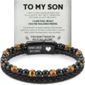 Mens multi layer leather bracelet with natural tiger eye beads and magnetic stainless steel clasp - BY-LOVE Card - Yellow Tiger's Eye - 11
