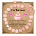 Pink Zebra Jasper 11th Birthday Beaded Bracelet with Silver Heart Charm Adjustable Gift - Happy 11th Birthday