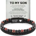 Mens multi layer leather bracelet with tiger eye stone and stainless steel magnetic clasp. - BY-LOVE Card - Red Tiger's Eye - 12