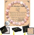Graduation pink stone beaded bracelet with compass pendant and graduation card gift box set. - Pink Zebra Beads with Card & Box - 17