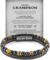 Multi-layer mens leather bracelet with tiger eye beads and stainless steel magnetic clasp. - Yellow Tiger's Eye - GRANDSON Card - 13
