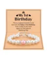 Baby first birthday pearl bracelet with pink bead and commemorative greeting card gift. - Pink & White Pearl - MY 1ST BIRTHDAY