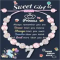 Children pink beaded bracelet with unicorn card, rhinestone charm and number 7 pendant. - Sweet-3