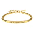 Gold beaded charm bracelet with engraved bar quote, adjustable stainless steel jewelry gift. - 1