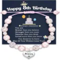 Kids pink pearl beaded bracelet 8th birthday gift with greeting card and heart charm - Happy 6th