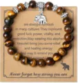Natural tiger eye stone beaded bracelet with cute elephant charm and inspiring message card. - Style 12
