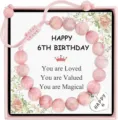 Pink gemstone bead bracelet with heart charm and birthday card gift box for 6 year old girls - 6th Birthday (Without Box)
