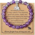 Natural amethyst beaded bracelet with silver elephant charm on message card for women - Style 13