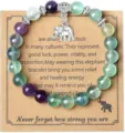 Natural stone fluorite bead bracelet featuring silver elephant charm on kraft card - Style 14