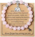 8mm Pink Stone Crystal Bead Bracelet with Silver Elephant Charm and Blessing Card Gift - Style 15