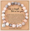 Pink zebra jasper natural stone beaded bracelet with heart charm on inspirational card. - Style 21