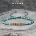 Adjustable Morse Code Beaded Bracelet Green Stone Fashion Jewelry Gift for Women and Girls - Ohana (Family)