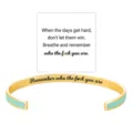 Stainless steel open cuff bracelet with motivational engraved text and colorful enamel inlay gift. - Green Gold - Remember