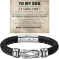 Men's Stainless Steel Leather Bracelet Magnetic Clasp Twist Design with Sentimental Gift Card - 23cm / Love My Son / Steel