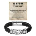 Men stainless steel braided leather bracelet with magnetic clasp and love son message card. - 23cm / Linked forever / Steel