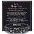 Detailed shot of men braided leather bracelet with stainless steel magnetic clasp and card. - 23cm / Hombre / Electroplated Black