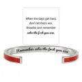 Stainless steel cuff bracelet with engraved motivational quote and colorful enamel accent gift. - Red Steel-Remember