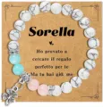 Bracciale di perle in pietra naturale con ciondolo trifoglio su cartolina regalo per donna - Quadrifoglio e biglietto Sorella