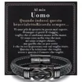 Stainless steel leather bracelet with magnetic knot clasp and emotional greeting card for men - 23cm / Uomo / Electroplated Black