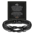 Men's stainless steel leather braided bracelet with magnetic knot clasp and gift box. - 23cm / Son / Steel