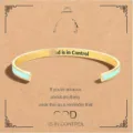 Stainless steel open cuff bracelet with motivational engraved text and light blue enamel accent. - Green Gold - Control - Lowercase