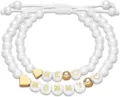 Mother and child matching white pearl beaded bracelet set with gold heart charms and letter beads. - Mommy & Me
