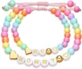 Mother and child matching colorful pearl beaded bracelets with letter charms for sweet family style. - Mommy & Me - Colored Beads